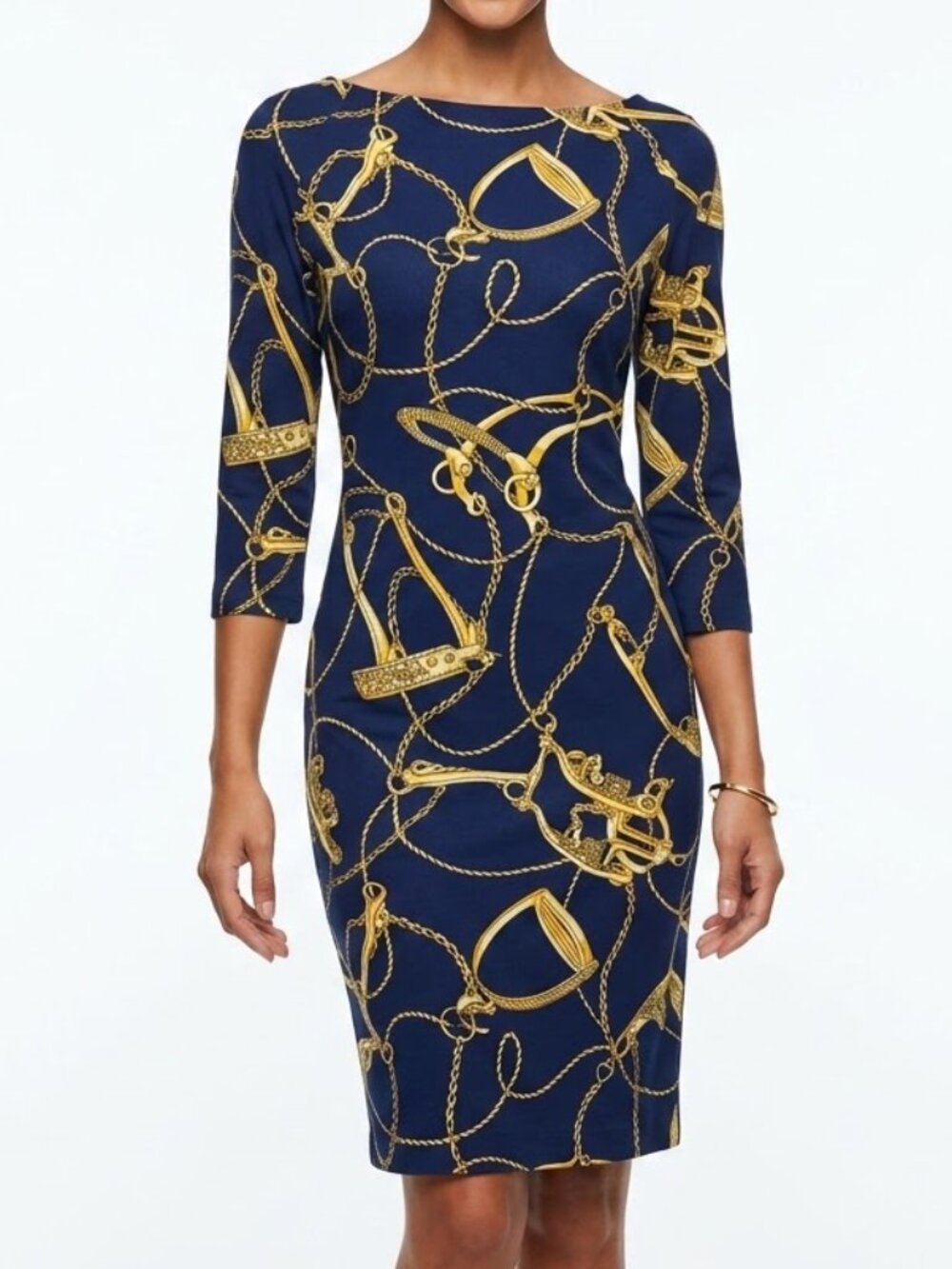 J. McLaughlin Equestrian Horse Bit Boatneck Shift Dress Navy Gold Chain Size M